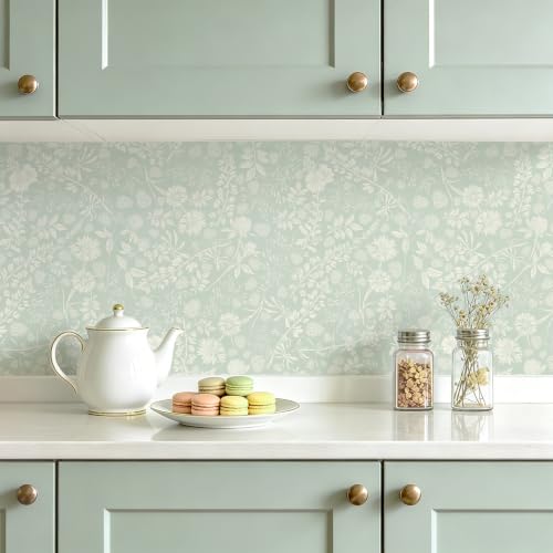 Green Floral Wallpaper Peel and Stick Contact Paper Leaf Modern Boho Farmhouse Wall Paper Self Adhesive Removable Wallpaper for Bathroom and Bedroom Vinyl 17.3"x78.7" (Light Green / 17.3" x 78.7")