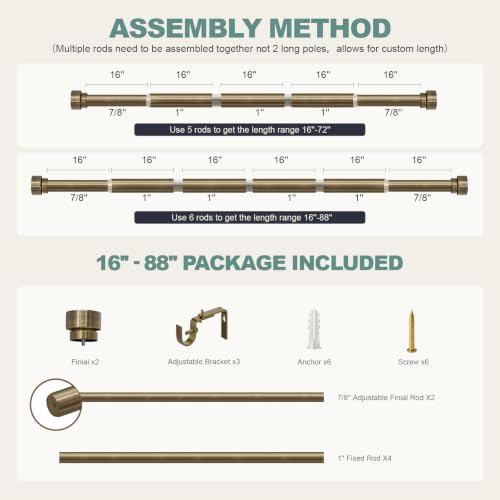 Antique Bronze Curtain Rods for Windows 48 to 84 with Adjustable Brackets Heavy Duty 1" Diameter Window Treatment Rod with Solid Metal Finials for Outdoor Bedroom Kitchen Living Room (Antique Bronze / 16"-88"|1 Pack)