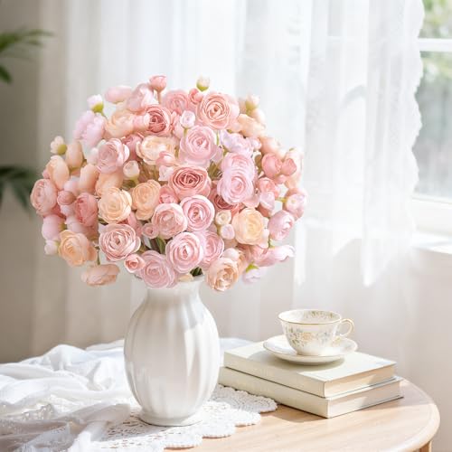 30Pcs Ranunculus Artificial Flowers Faux Silk Mini Flowers Indoor (Rose&cream&shabby Blush)