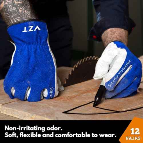 12 Pairs Bulk Leather Work Gloves for Men or Women for Construction (Blue-white / Medium (Pack of 12))