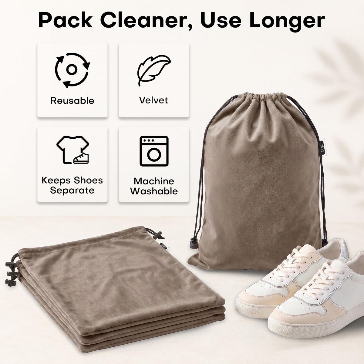 4 Pack Velvet Cloth Shoe Bags for Travel & Packing for Women & Men (Taupe)