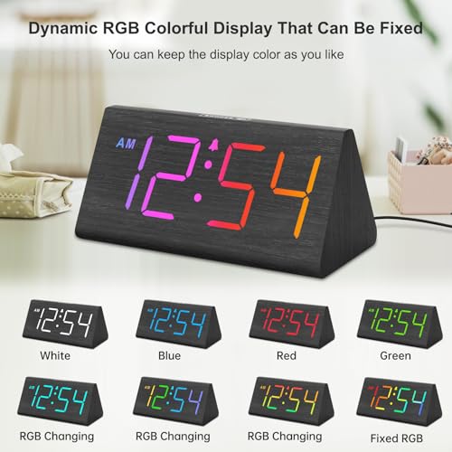 Wooden Digital Alarm Clock for Bedrooms Desk with Large Numbers (Black)