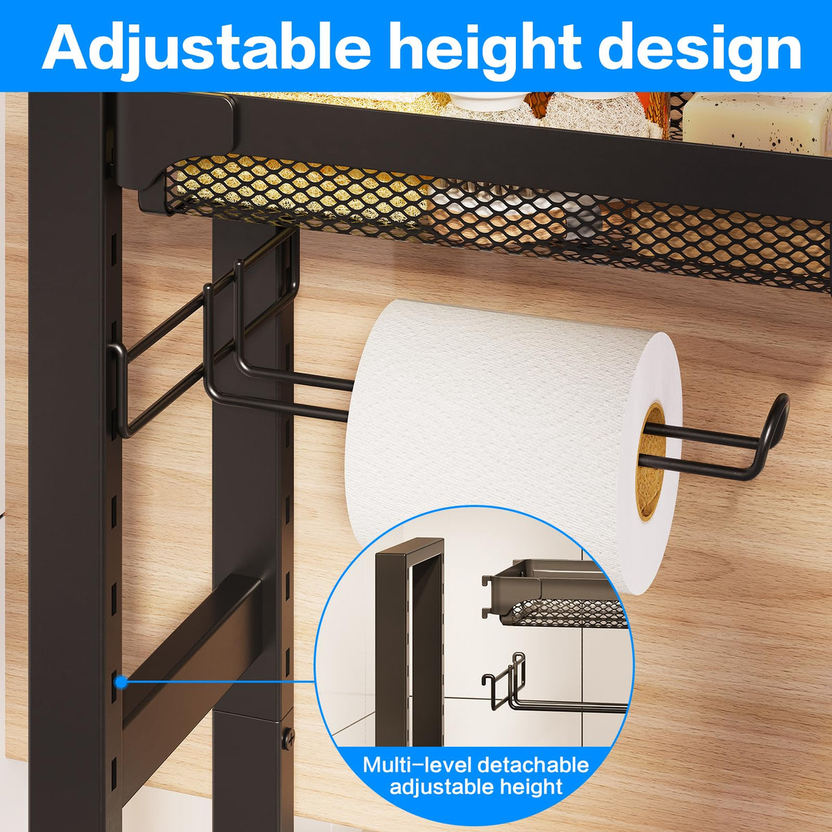 Toilet Paper Holder Stand with Storage Shelf (Black Gray)