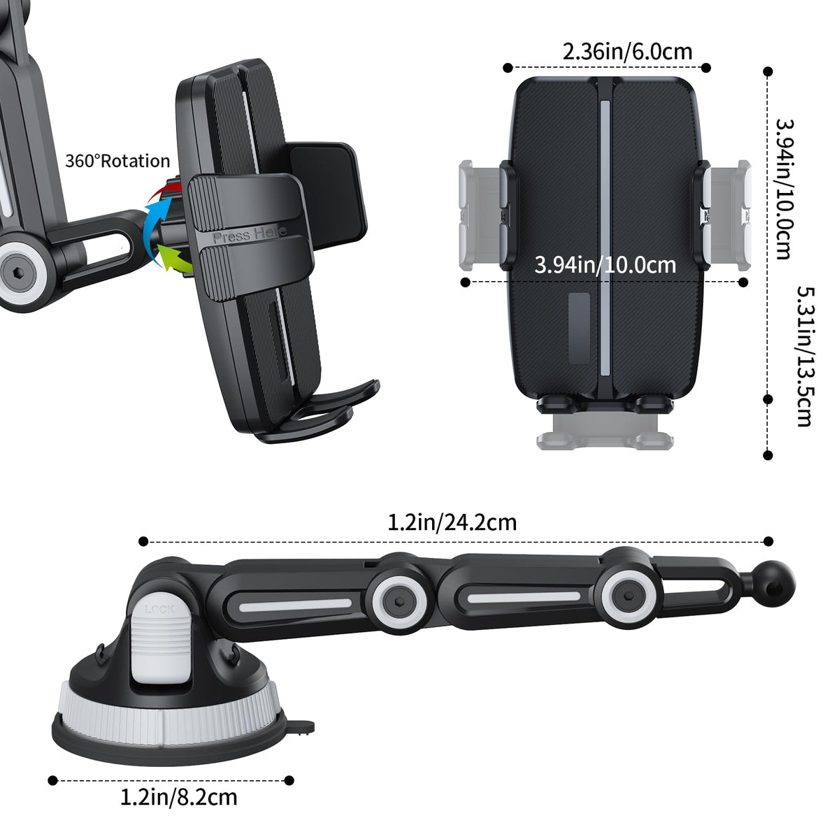 Suction Cup Car Phone Mount Dash Mounted Holders Windshield Phone Mount with 360° Rotation Stable Phone Holders for Your Car with Military