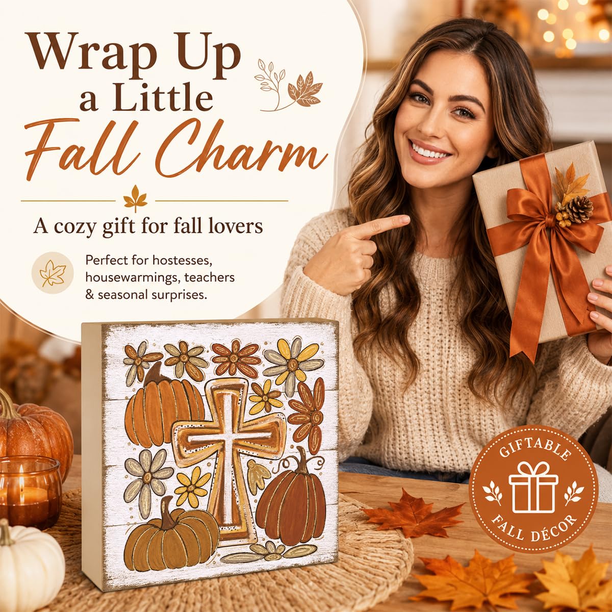 Fall Decorations for Home Christian Cross Pumpkin Sign Fall Decor (FALL71)