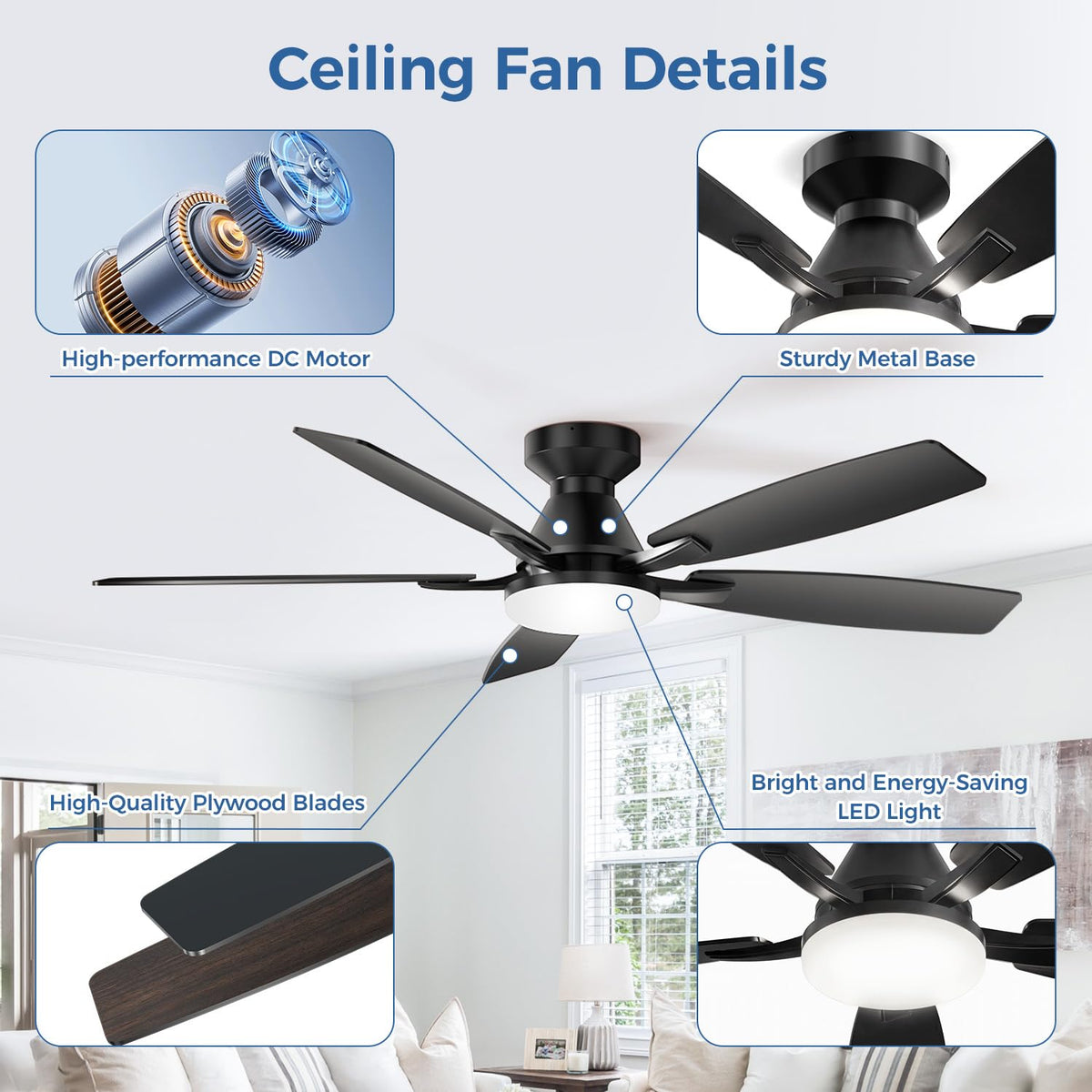 42 Inch Ceiling Fans with Lights (Black&Wood Grain / 42 Inch)