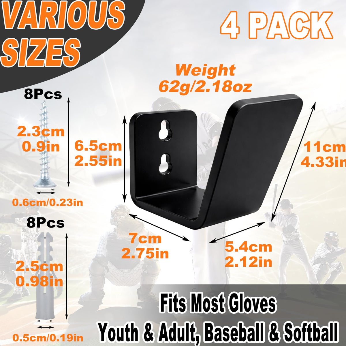 4Pcs Baseball & Softball Glove Wall Mount Display Holders (Black / 4 Pcs)