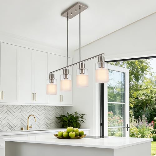 Dining Room Chandelier Light Fixture Over Table with Milk Glass Shade (Brushed Nickel)