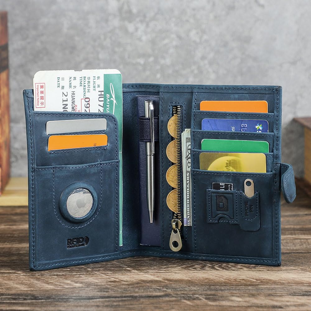 Full Grain Leather Passport Holder Compatible with Airtag RFID Blocking Passport Wallet Travel Slim Passport Cover with SIM Card Removal Tool (Blue / Plain- Snap)