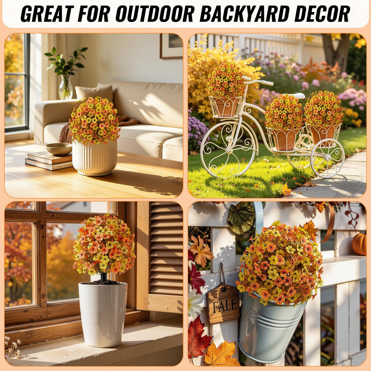 4Pcs 20" UV Resistant Artificial Fall Ball Flowers for Outdoors (Orange Yellow)