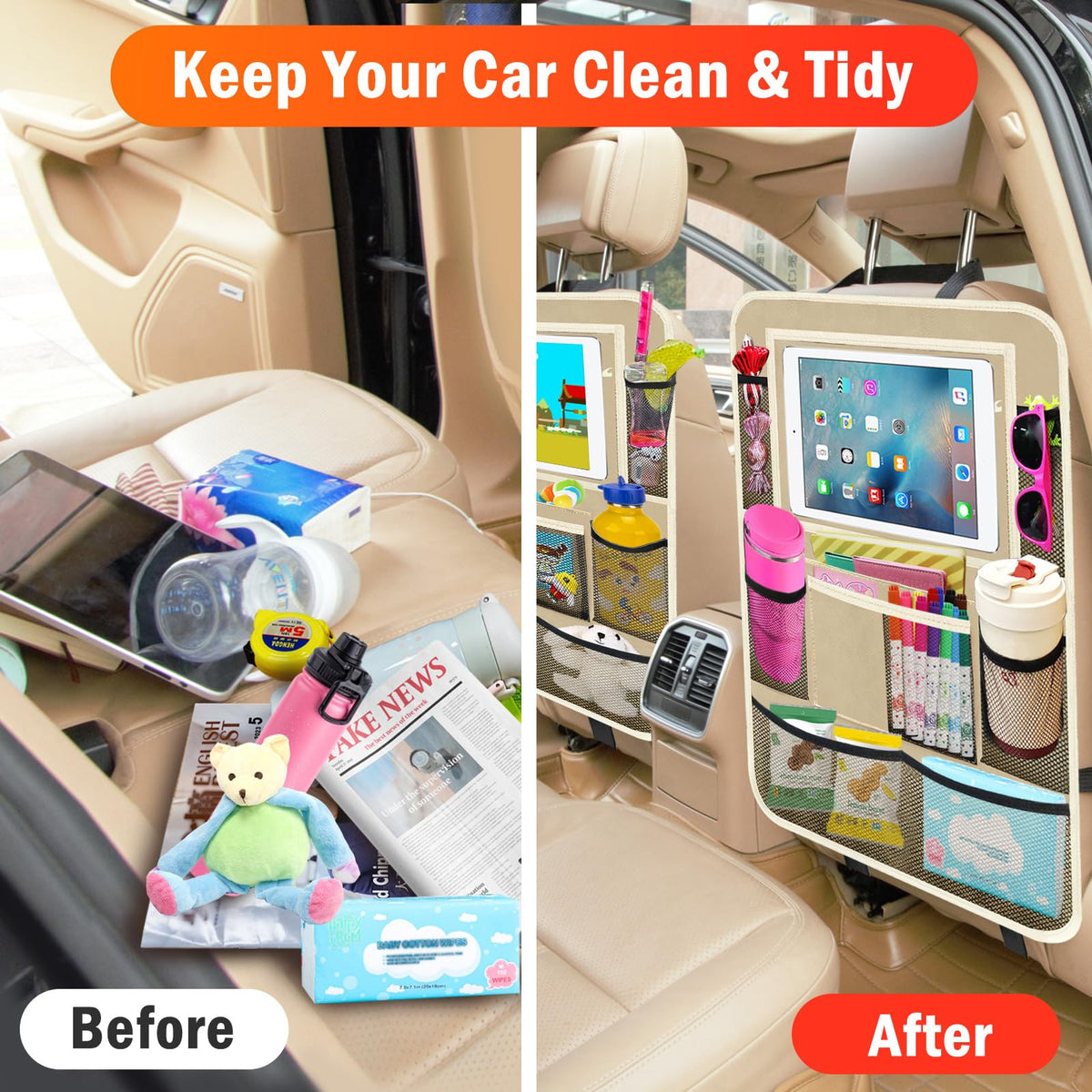 Car Backseat Organizer (Beige / 2 Pack without Food Tray)