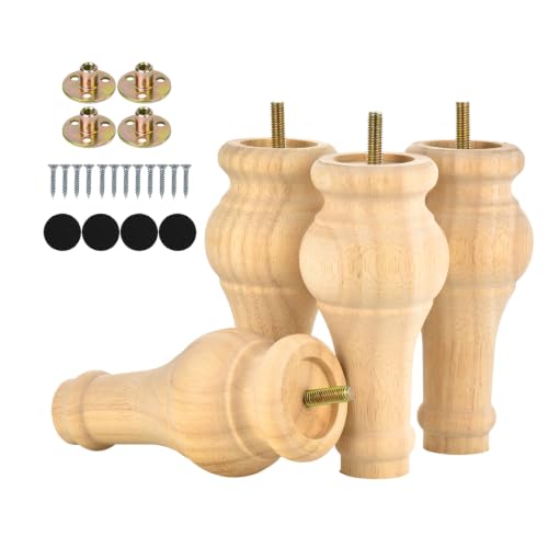 M8 Bolt Furniture Legs 6 Inch Wooden Bun Feet Set of 4