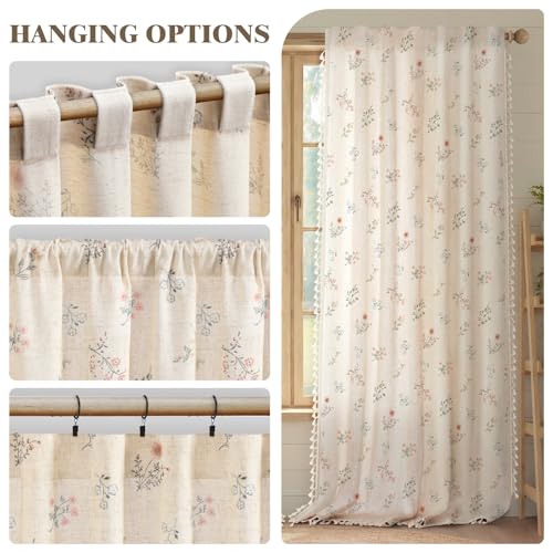 Boho Floral Light Filtering Curtains 96 Inch 2 Panels Linen Texture (Light Filtering Vintage Florals / 52"W x 96"L (Pack of 2))