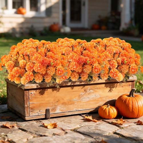 12 Pcs Fake Flowers Artificial Mums for Outdoor 120 Blooms (Marigold)