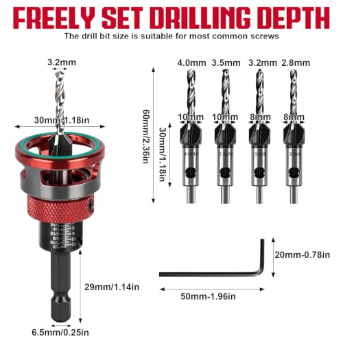 Countersink Drill Bit Set with Low Friction Depth Stop