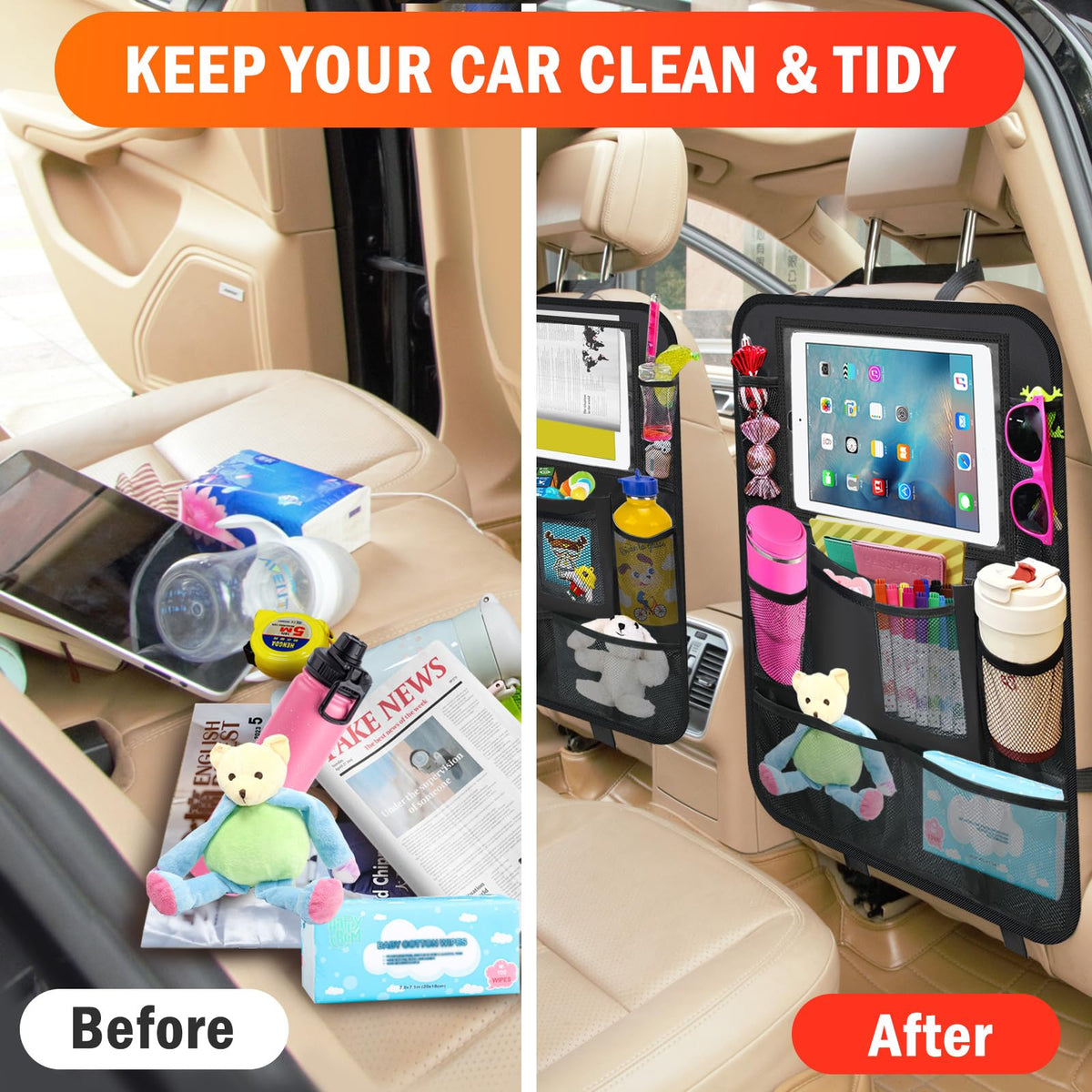 2 Pack Car Backseat Organizer Car Seat Organizer Back Seat Protector (Black / 2 Pack without Food Tray)