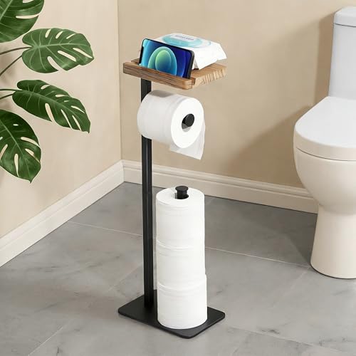 Freestanding Toilet Paper Holder Stand with Wood Shelf