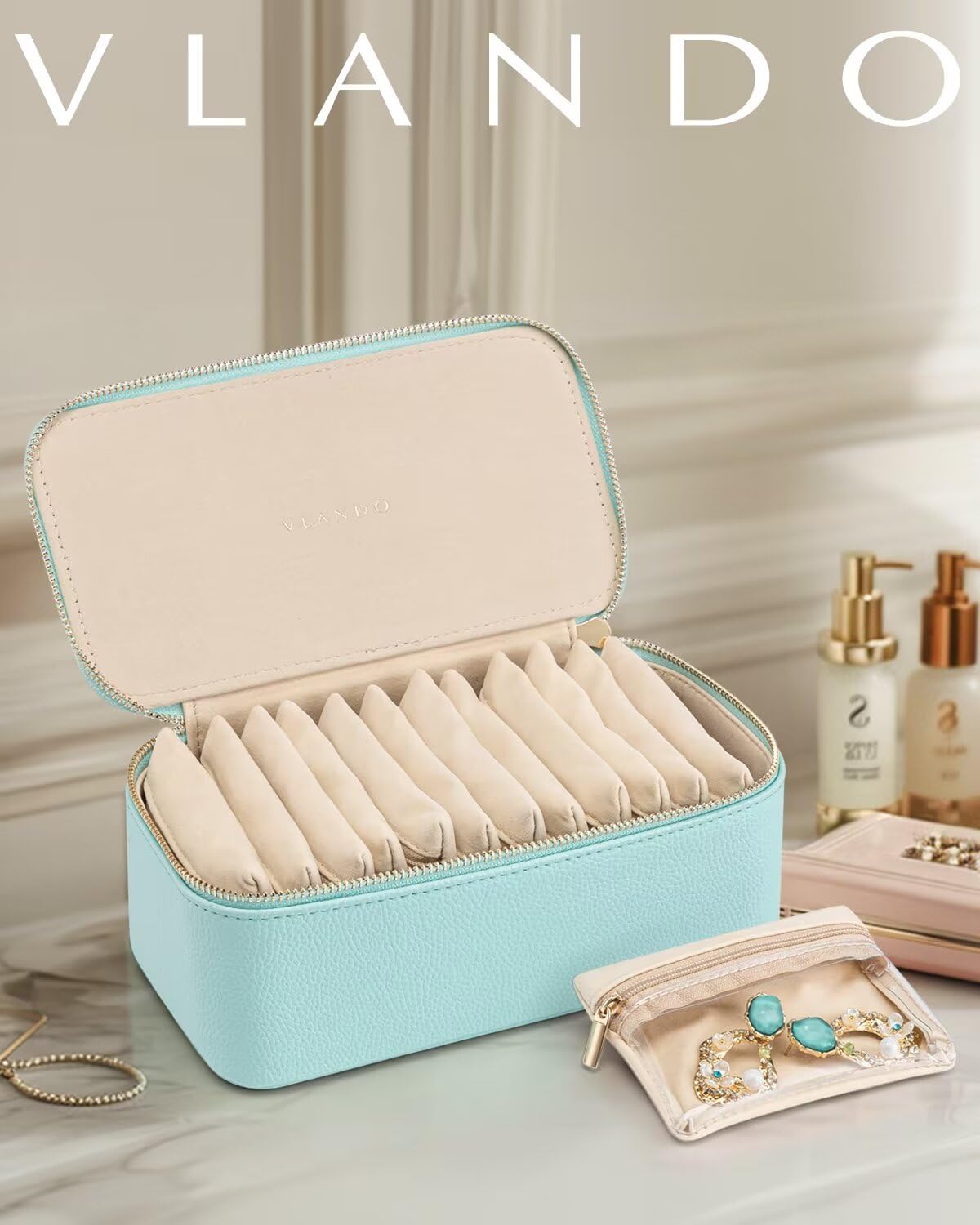 Travel Jewelry Box with 12 Clear Velvet Zipper Pouches (D.12 PCS Lake Blue)