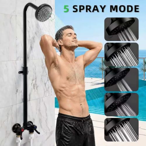 Outdoor Shower Kit Dual Handle Extendable Exposed Pipe Outdoor Shower Fixtures System with ABS 5 Spray Mode Settings Showerhead Solid Brass 4 Inch Center Mix Valve