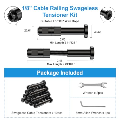 1 8" Cable Railing Kit Hardware Swageless Invisible Cable Railing Tensioner for 2"x2" Wood Post & Metal Post T316 Steel Stainless Deck Cable Railing System