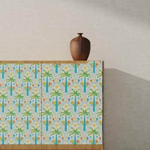 17.7"x78.7" Tropical Peel and Stick Wallpaper Coastal Palm Tree Seashells Shrimp Ocean Pattern Wall Paper for Bedroom Bathroom Playroom Removable Self (Green / 17.7" x 78.7")