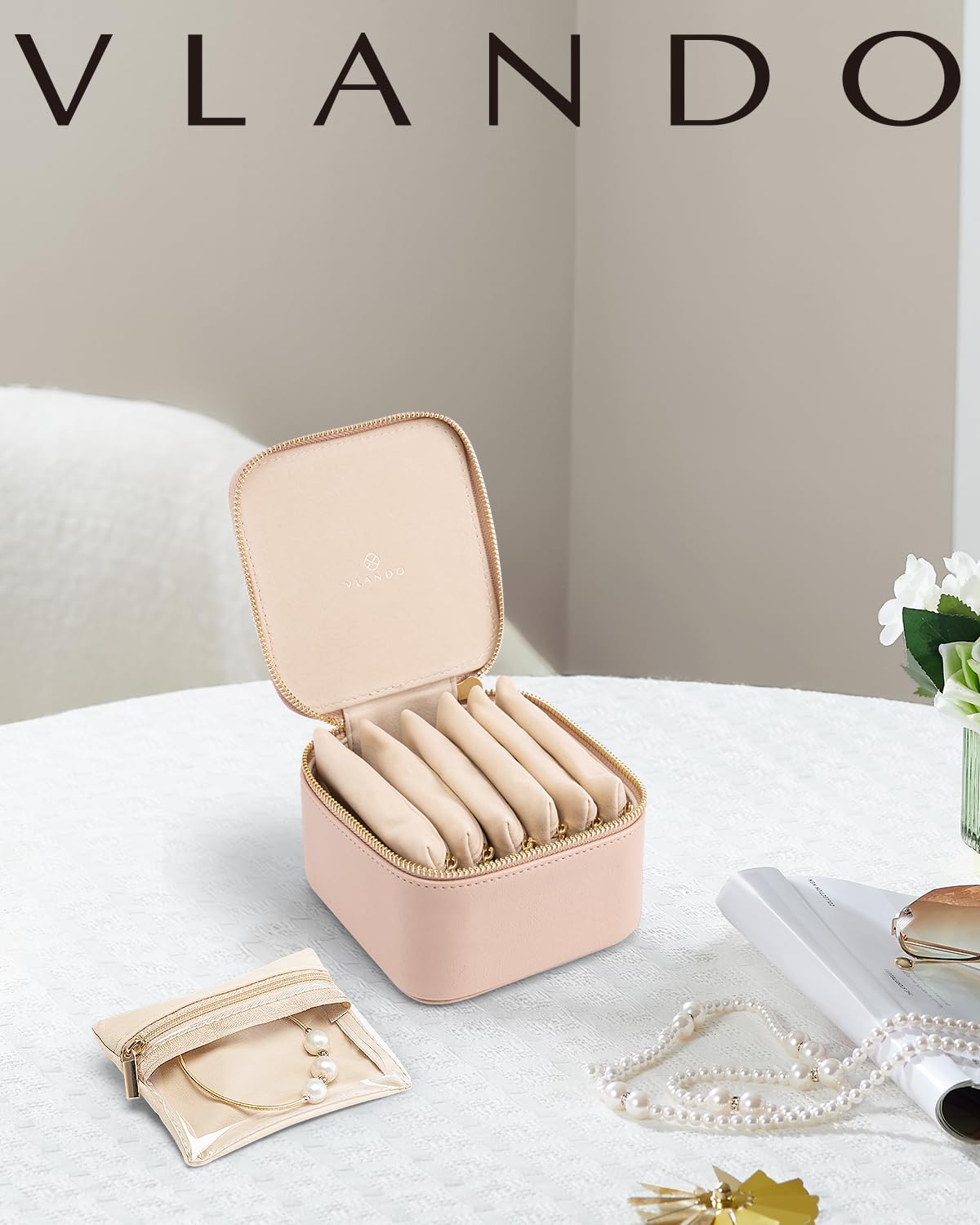Jewelry Boxes for Women with 6 Clear Velvet Zipper Pouches (B.6 PCS Khaki)