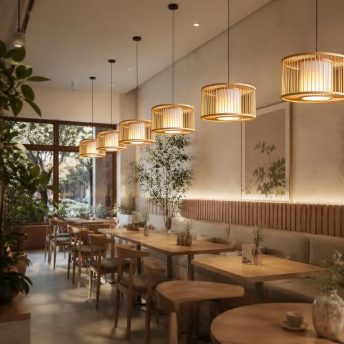 Bamboo Pendant Light fixture Adjustable Height Rustic Farmhouse Chandelier for Dining Living Room Included Bulb