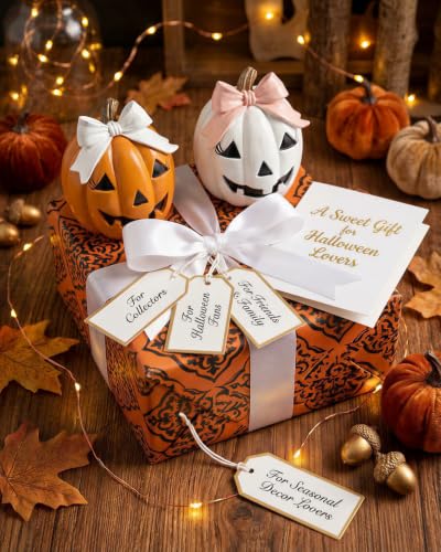 Set of 2 Bow Pumpkin Figurines for Halloween Decor (Bowknot Pumpkin)