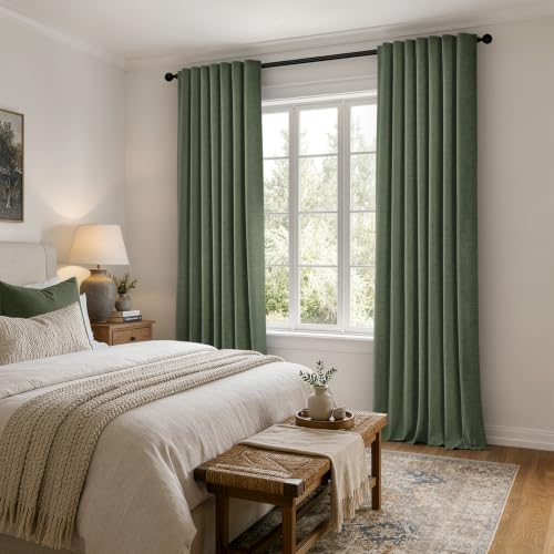 100% Blackout Linen Curtains 42 x 96 Inch Olive Green 2 Panels (Olive Green / 42"W x 96"L (Pack of 2))