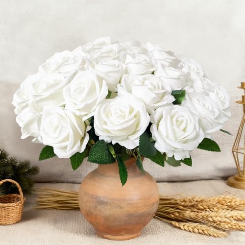 50Pcs White Roses Artificial Flowers with Stems for Home Decor (White / 50Pcs)
