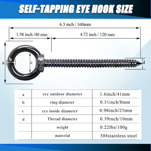 6.3 Inch Heavy Duty Eye Hooks M10 Self Tapping Eyelet Screws for Hammock Stand