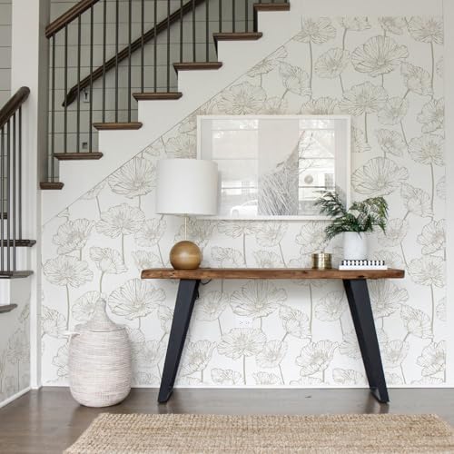 Modern Peel and Stick Wallpaper Beige and White Floral Wallpaper (17.3" x 118.1" / Beige and White)