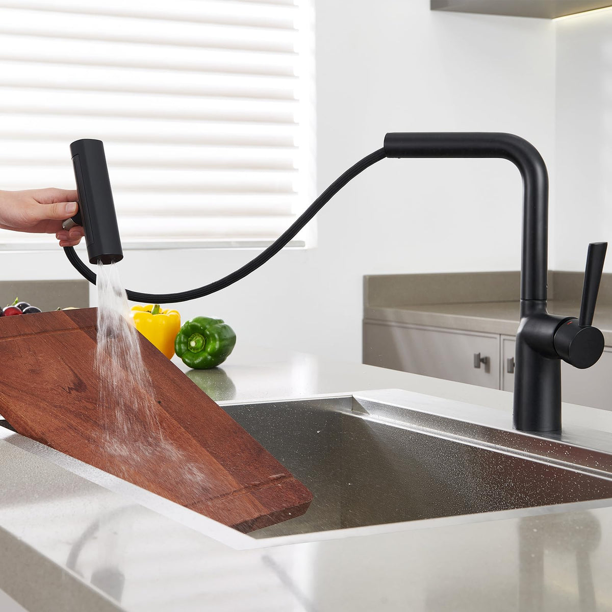 Black Waterfall Kitchen Faucets with Pull Down Sprayer (Waterfall / W-Matte Black)