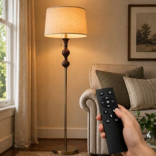 Wood & Brushed Floor Lamp with Pull Chain Switch & Remote Control