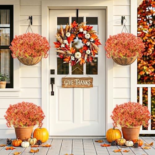 13 Bundles Artificial Fall Flowers Fake Mums for Outdoor (Sunset Orange / Artificial Flowers(13 Pcs))