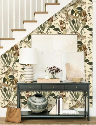 Beige Floral Bird Peel and Stick Wallpaper for Cabinet 17in x 118in (Floral-5 / 16.9" x 118.1")