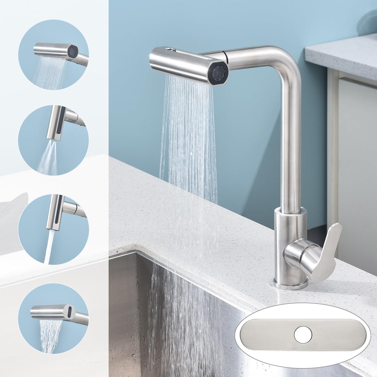 Kitchen Faucet with Pull Down Sprayer SUS304 Stainless Steel Waterfall Kitchen Sink Faucet 4 Functions Brushed Nickel Pull Out Kitchen Sink Faucets Utility Rv for 1 or 3 Hole Sink (4 Function Kitchen Faucet-Brushed Nickel)
