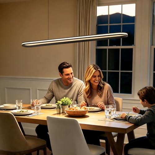 Modern LED Pendant Light Dimmable Linear Pendant Light 39.4in Semi Flush Mount Long Lights with Remote Control and Side Lighting for Living Room Kitchen Dining Room (Black)