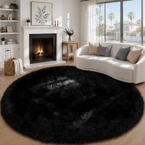 6ft Round Shag Area Rug Living Room Bedroom Washable Black (Black / 6' (Round))