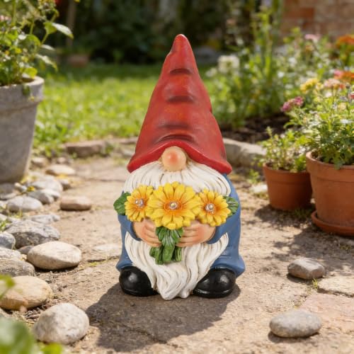 Solar Garden Gnome Statue with Lighted Sunflower Bouquet for Outdoor Decor