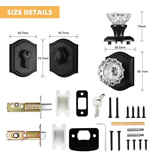 Crystal Glass Passage Door Knob and Single Cylinder Deadbolt Combo Set (Matte Black)