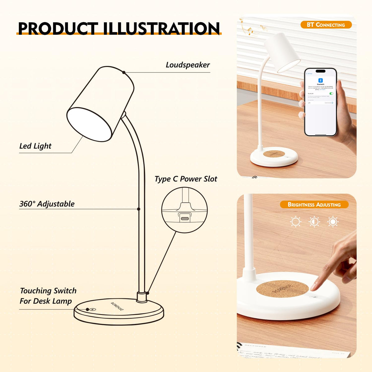 LED Desk Lamp with Speaker 3 Light Colors (White)
