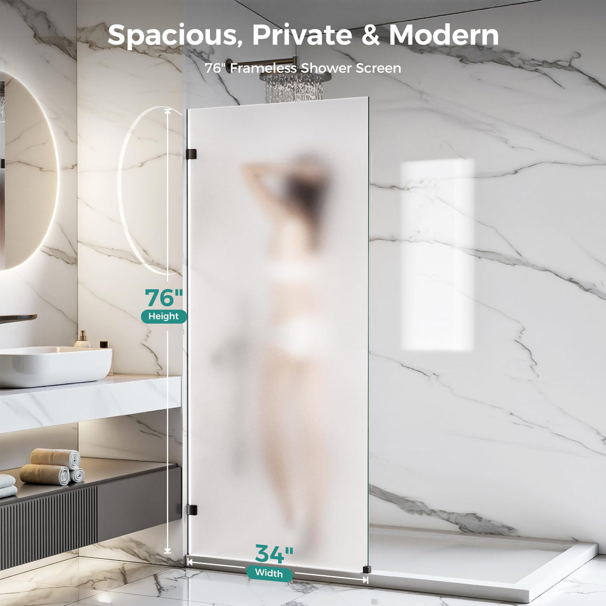 Shower Glass Panel Fixed (Matte Black - Frosted / 34"W x 76"H - 10mm)