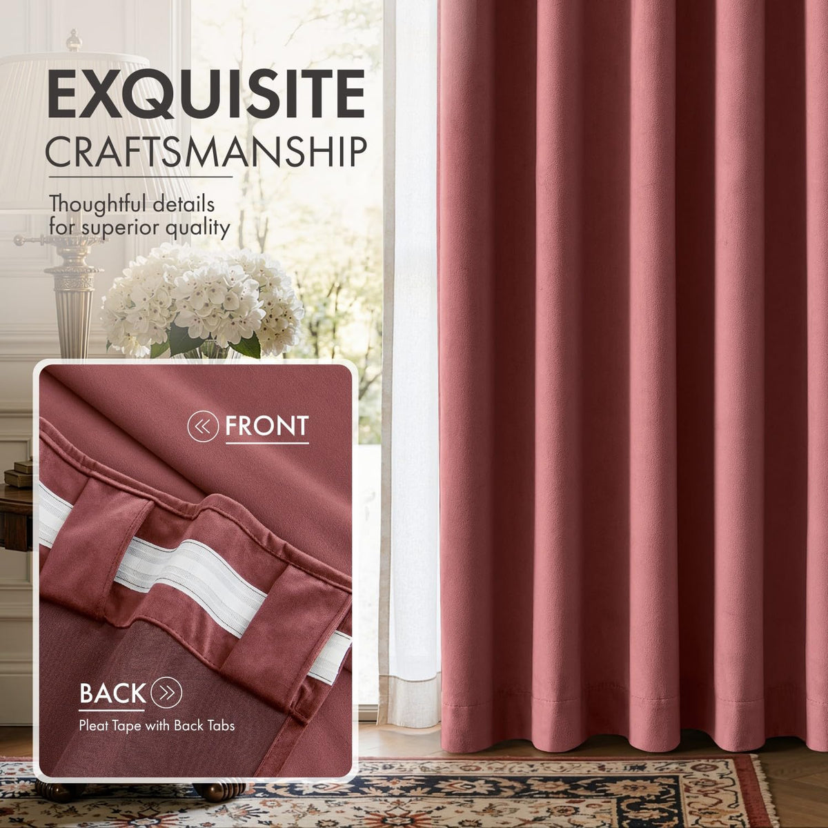 Dusty Rose Velvet Curtains 4 Panels Set Back Tab 40x108 Inch Long (Dusty Rose / 40"W x 108"L (Pack of 4))