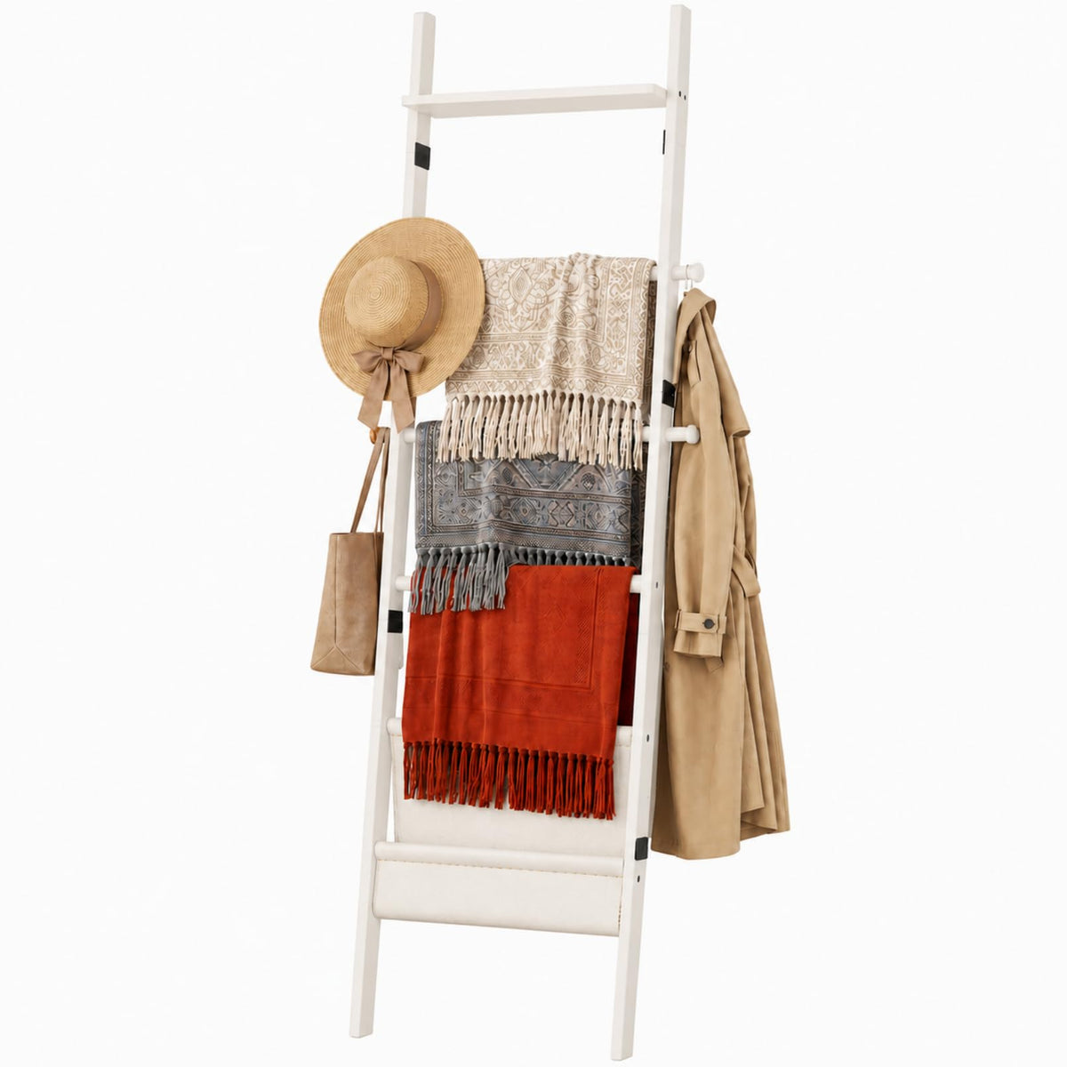 71" 4-in-1 Blanket Ladder for Living Room, 5-Tier Leaning Bamboo Decorative Towel & Quilt Rack with Magazine Leather Pocket, 4 Detachable Hanging Bars, Space-Saving Shelf for Bedroom (White) (White)