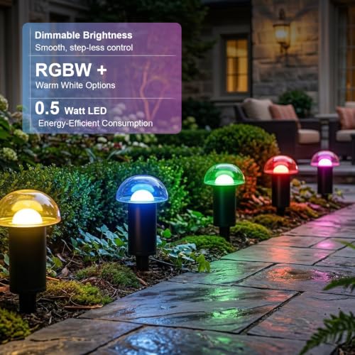 Smart Color Changing Low Voltage Landscape Path Lights 12V AC Mushroom Pathway Lights with Clear Glass Top Metal Body and Stakes Connectors Included