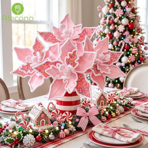 6 PCS 13in Pink Candy Cane Poinsettia Artificial Christmas Flowers (Pink Candy)