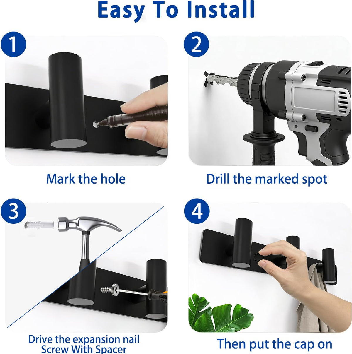 Matte Black Coat Rack Wall Mount (Matte Black / “T“ Shape 3 Hooks 1 Pack)