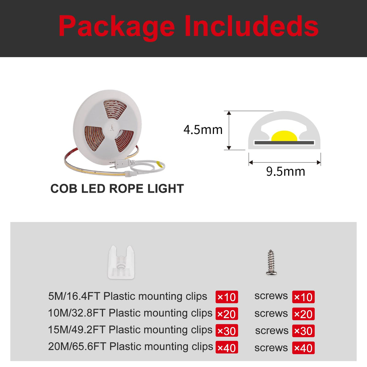 AC 120V ETL COB LED Strip Light 4000K Natural White IP65 65.6FT (Natural White 4000K / 65.6FT)