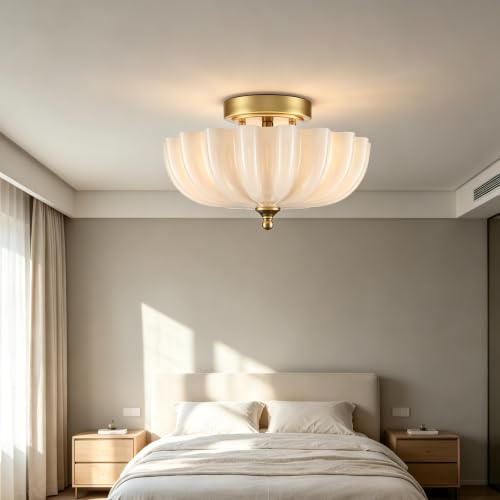 Modern Brass Semi Flush Mount Ceiling Light with Milky Glass Shade